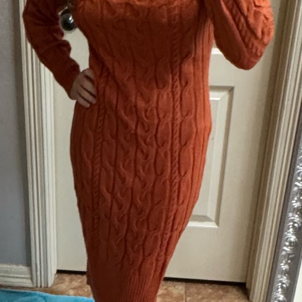 Rust Orange Cable Knit Sweater Dress